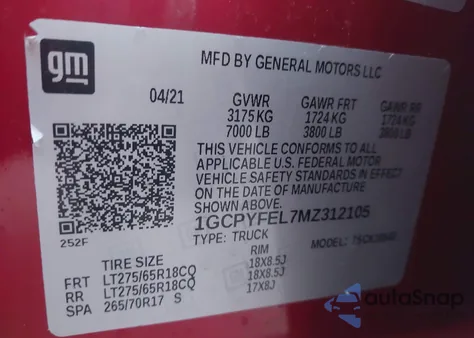 2021 Chevrolet Silverado 1500 4Wd Short Bed Lt Trail Boss z USA, uszkodzony, nr VIN 1GCPYFEL7MZ312105